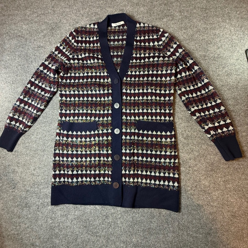 The Fold London Baye Cardigan Navy Burgundy Metallic Knit Longline Sweater S